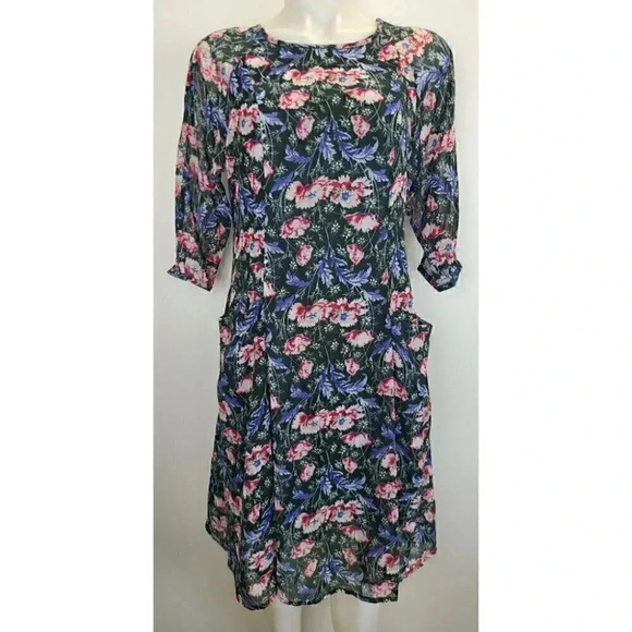 Zapa Basic Green Blue Floral Print Chiffon Dress Cottagecore Medium - Picture 1 of 13